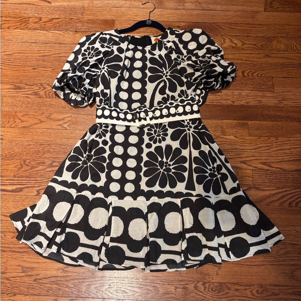 FARM Rio Black and White Ruffled Puff Sleeve Mini Dress XS
